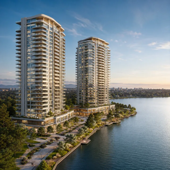 Rainbow Uno waterfront clubhouse podium and amenity deck beneath the towers