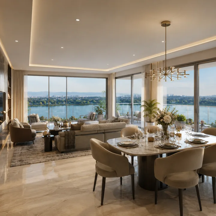 Rainbow Uno premium 4 BHK living-dining with lake view - Kanakapura Road