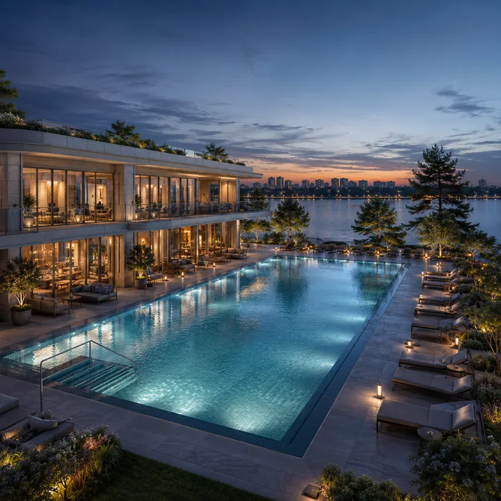Rainbow Uno swimming pool and clubhouse on the lake-oriented amenity deck at dusk