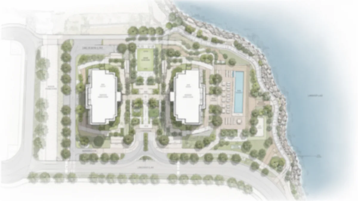 Rainbow Uno master plan site layout showing the two lake-oriented towers, the central landscaped green, the pool and amenity deck, and the lakefront promenade along the water edge